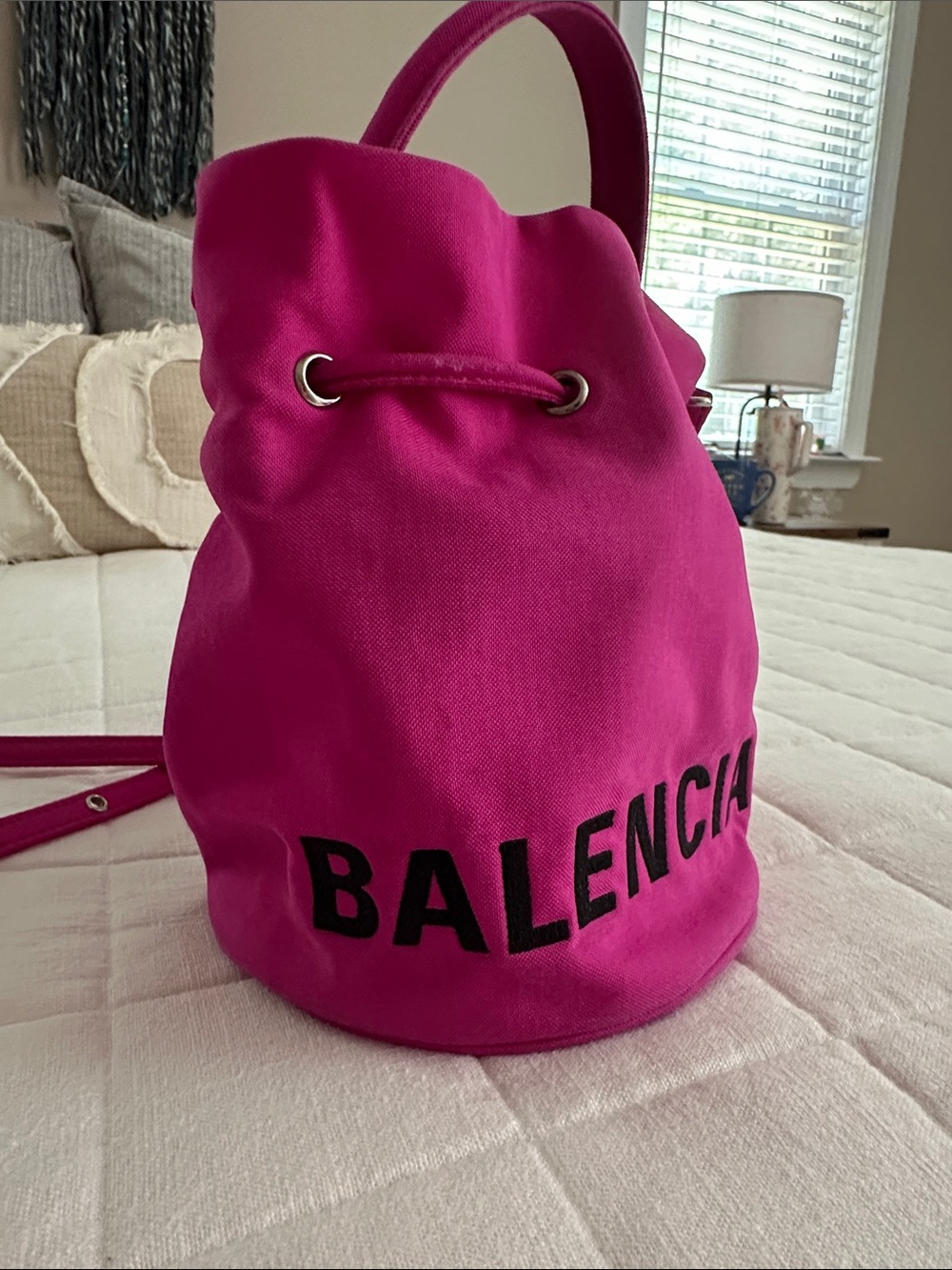 Balenciaga Hot Pink Canvas Drawstring Bucket Bag